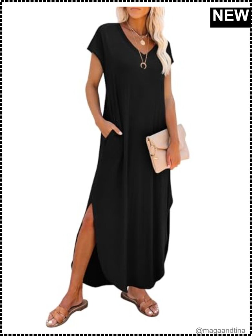 RUMIA Women's Maxi Dress Cap Sleeve V-Neck Sundress with Pockets